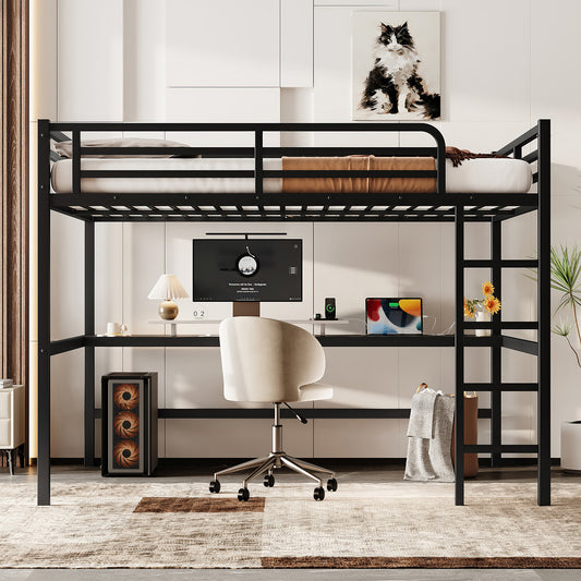 Metal Queen Size Loft Bed with Power Outlet and LED Lighted - Black - primary color shot