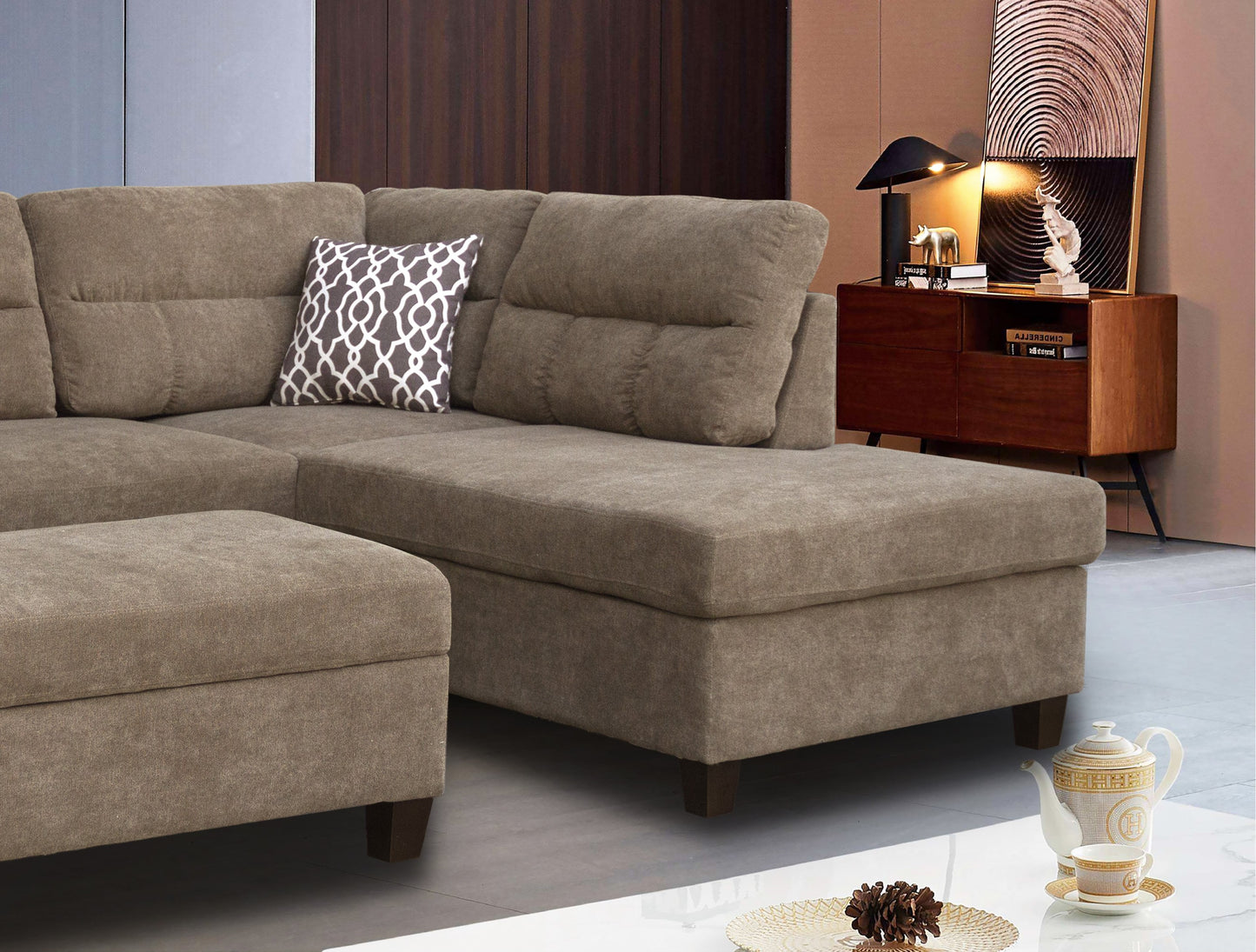 Diego 103.5' Brown Fabric Sectional Sofa with Right Facing Chaise, Storage Ottoman, and 2 Accent Pillows - detail view 3