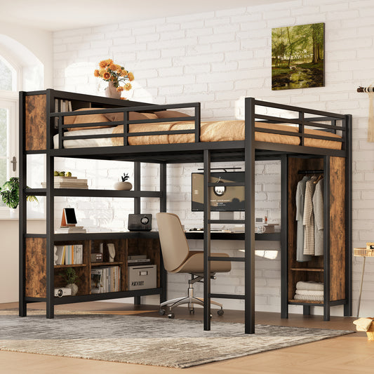 Metal Loft Bed with Wardrobe and L-Shaped Desk - primary color shot