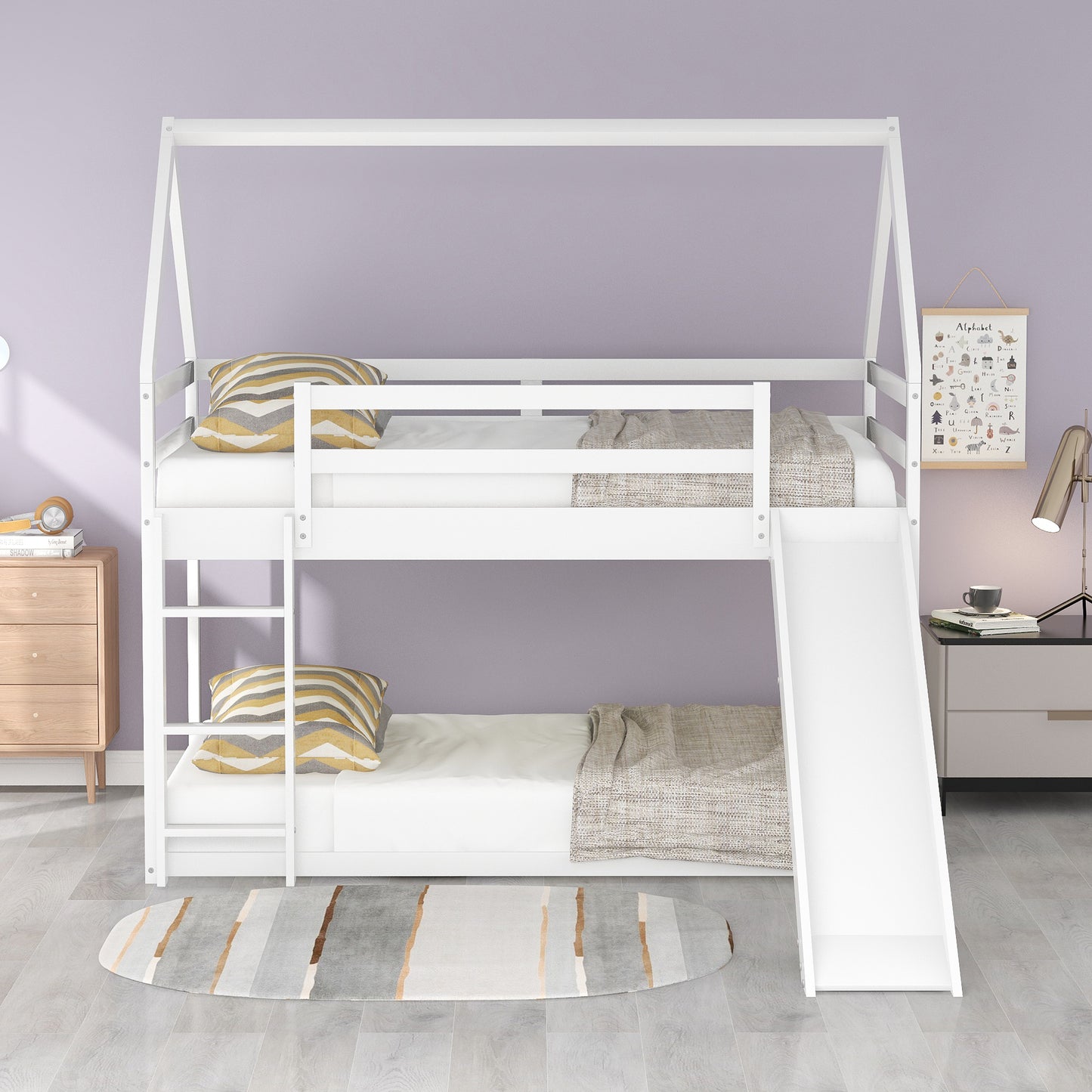 Sarah Twin Size Bunk House Bed with Slide and Ladder,White