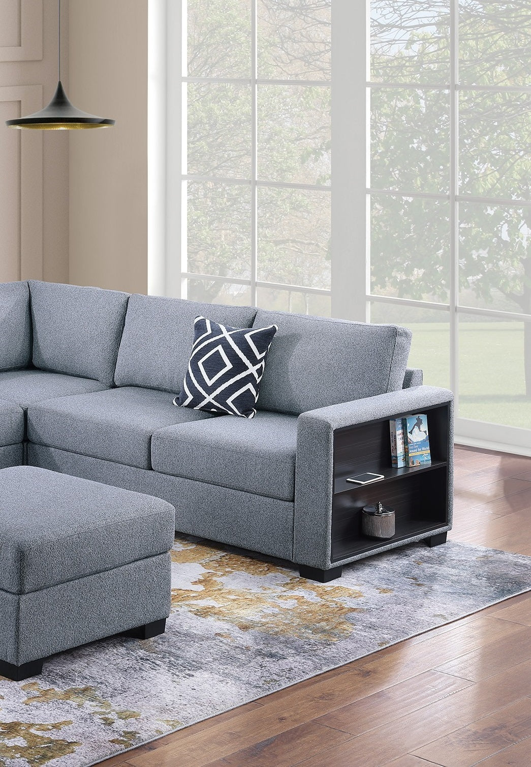Contemporary Functional Sectional Sofa 4pc Set Gray Boucle Couch Loveseat w Built-in Shelfs Wedge, Ottoman Living Room Furniture L-Shaped Design Couch - detail view 2