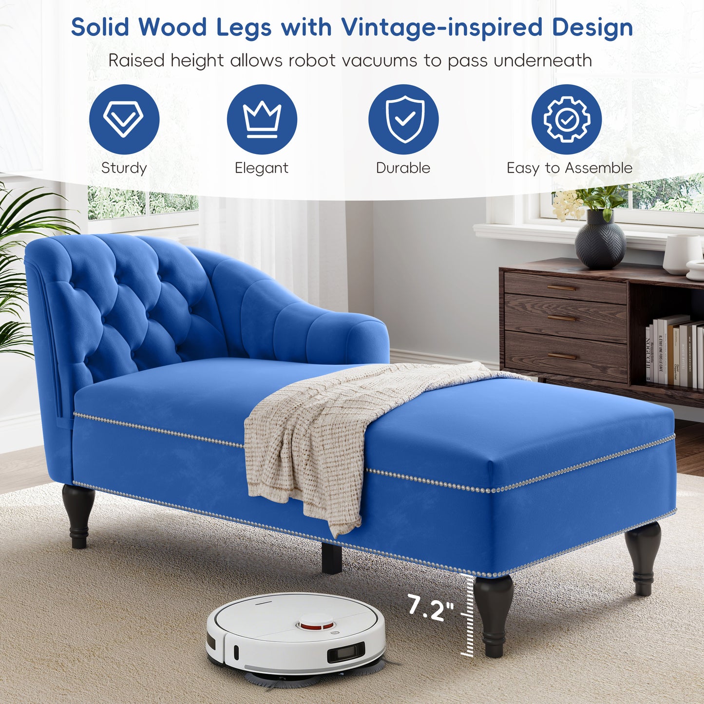 58" Velvet Chaise Lounge - Blue - detail view 6
