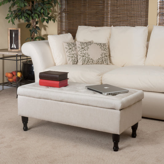 Hyatt Upholstered Storage Ottoman with Turned Legs, Beige