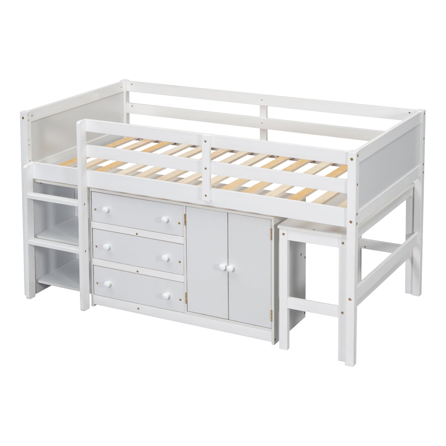 Mariner Twin Size Low Loft Bed With Pull-Out Desk, Drawers, Cabinet, and Shelves