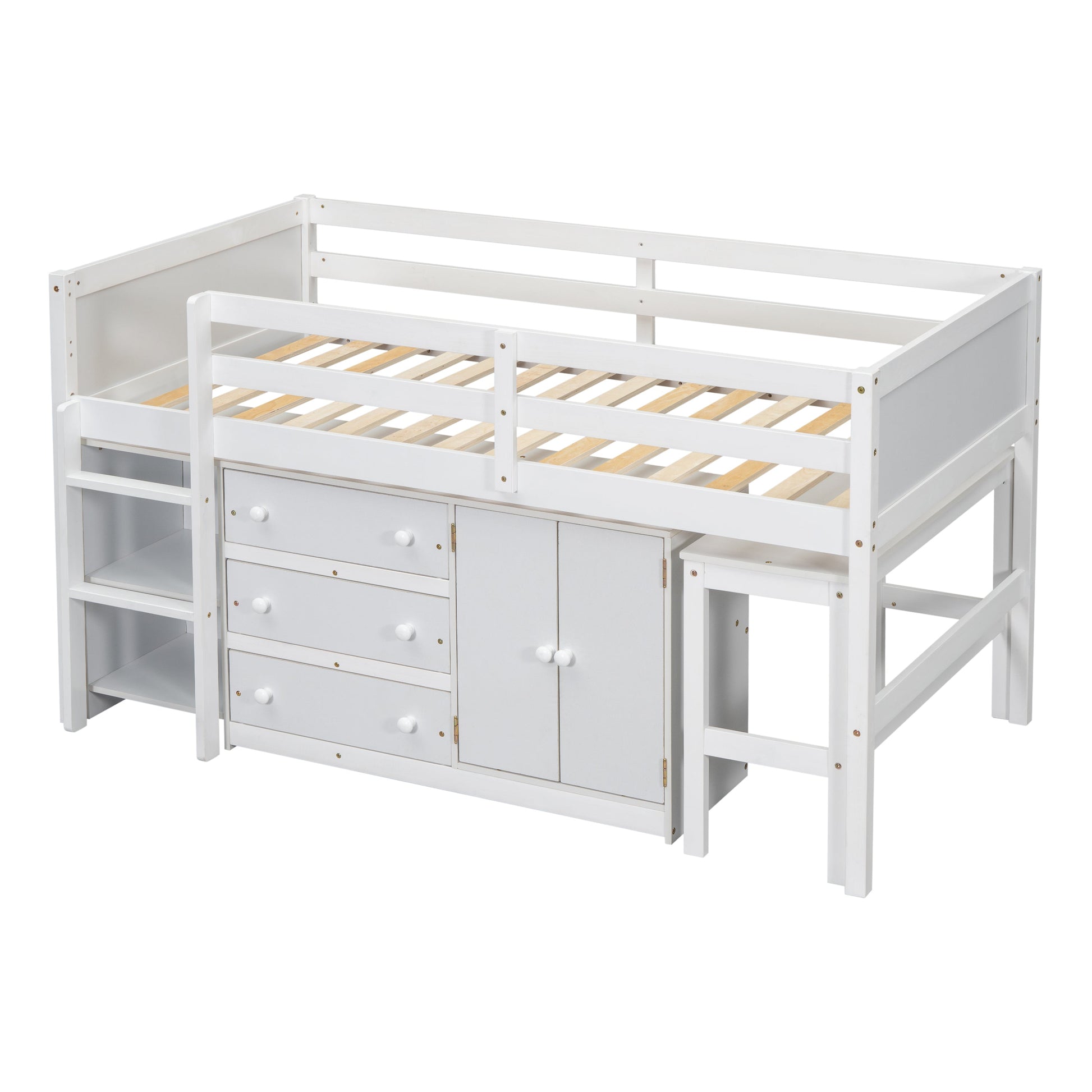 Mariner Twin Size Low Loft Bed With Pull-Out Desk, Drawers, Cabinet, and Shelves