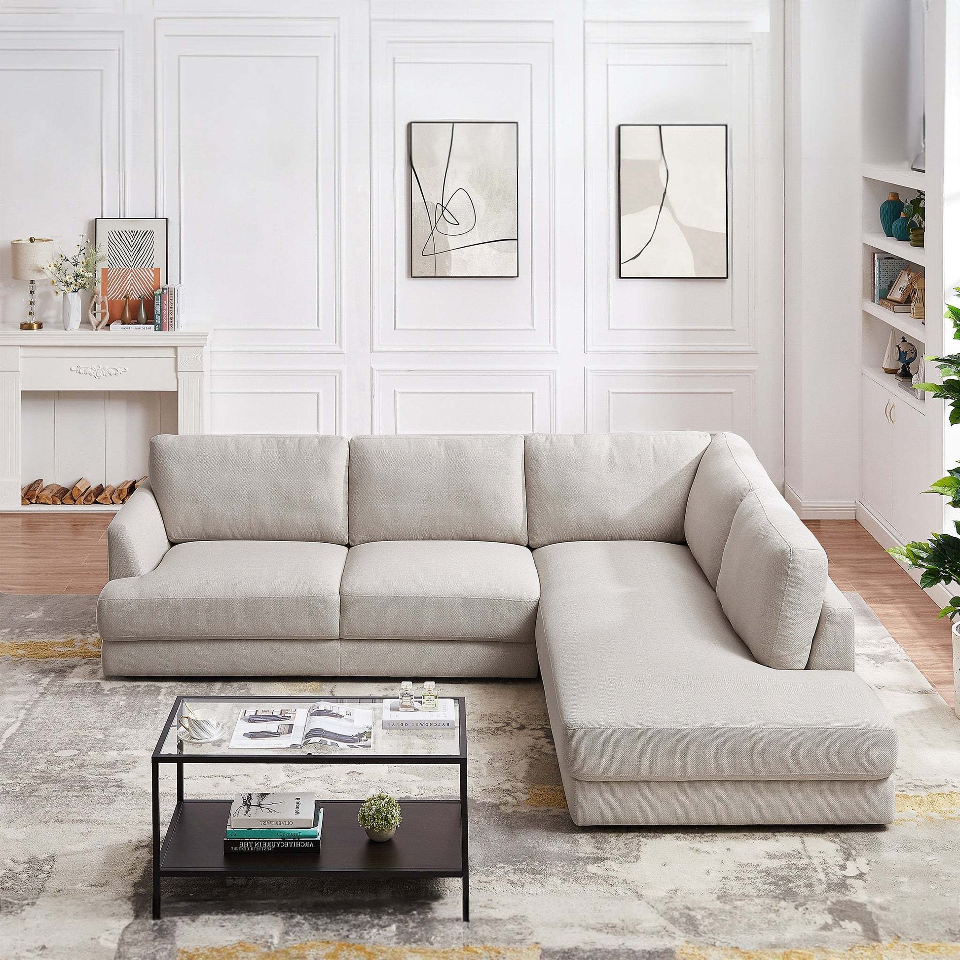 Glander Cozy Sectional Sofa Right Facing Linen Fabric Cream Mid-Century Modern Design - detail view 4