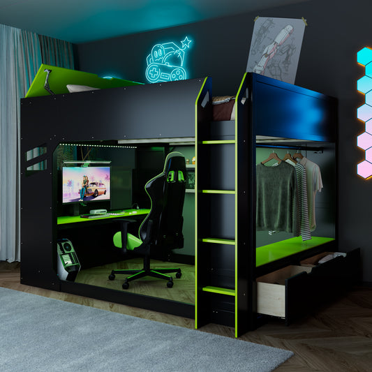 Full Size Wood Loft Bed with Height-Adjustable Desk - Green - primary color shot