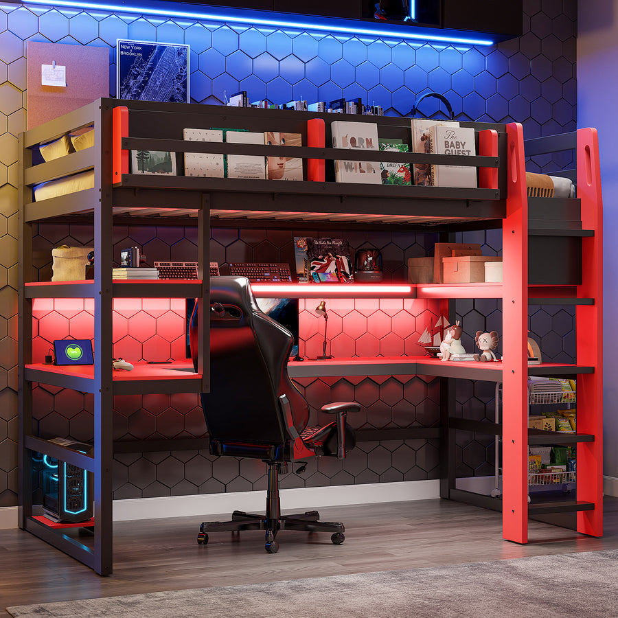 Twin Size Wood Loft Bed with Desk - Red - primary color shot