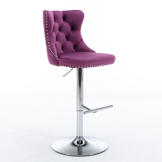 Purple Velvet Bar Stool with Silver Legs (Set of 2)