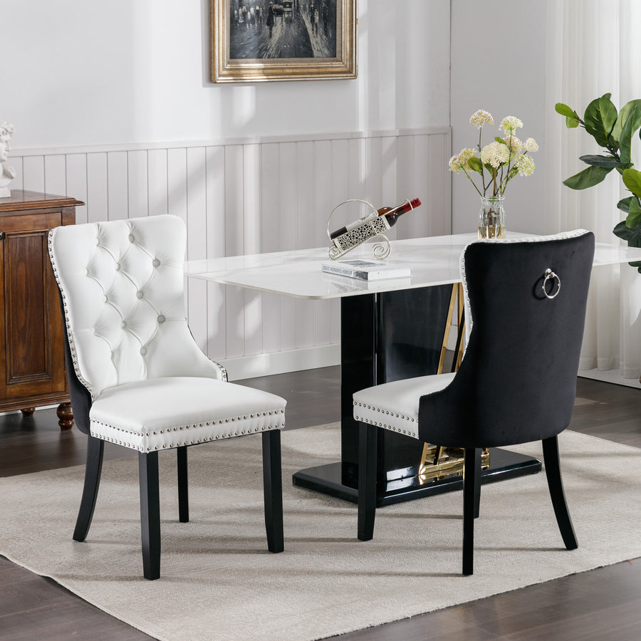 White+Black PU Leather Tufted Nailhead Trim Dining Chairs with Black Legs (Set of 2)