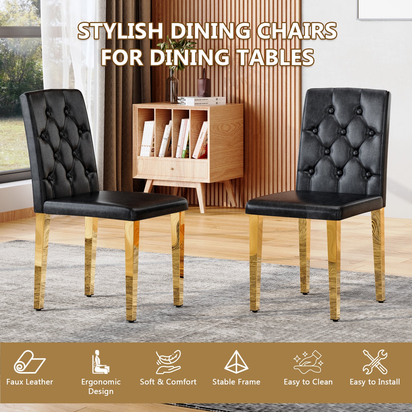 Black Upholstered Fabric Dining Chairs with Gold Legs (set of 2) - detail view 4