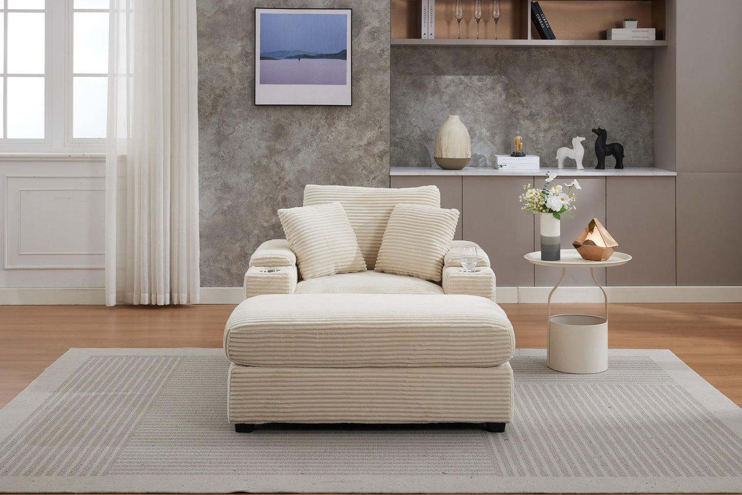 [video/new]corduroy Upholstered Chaise Lounge Sofa with Handrail Storage - Beige - detail view 3