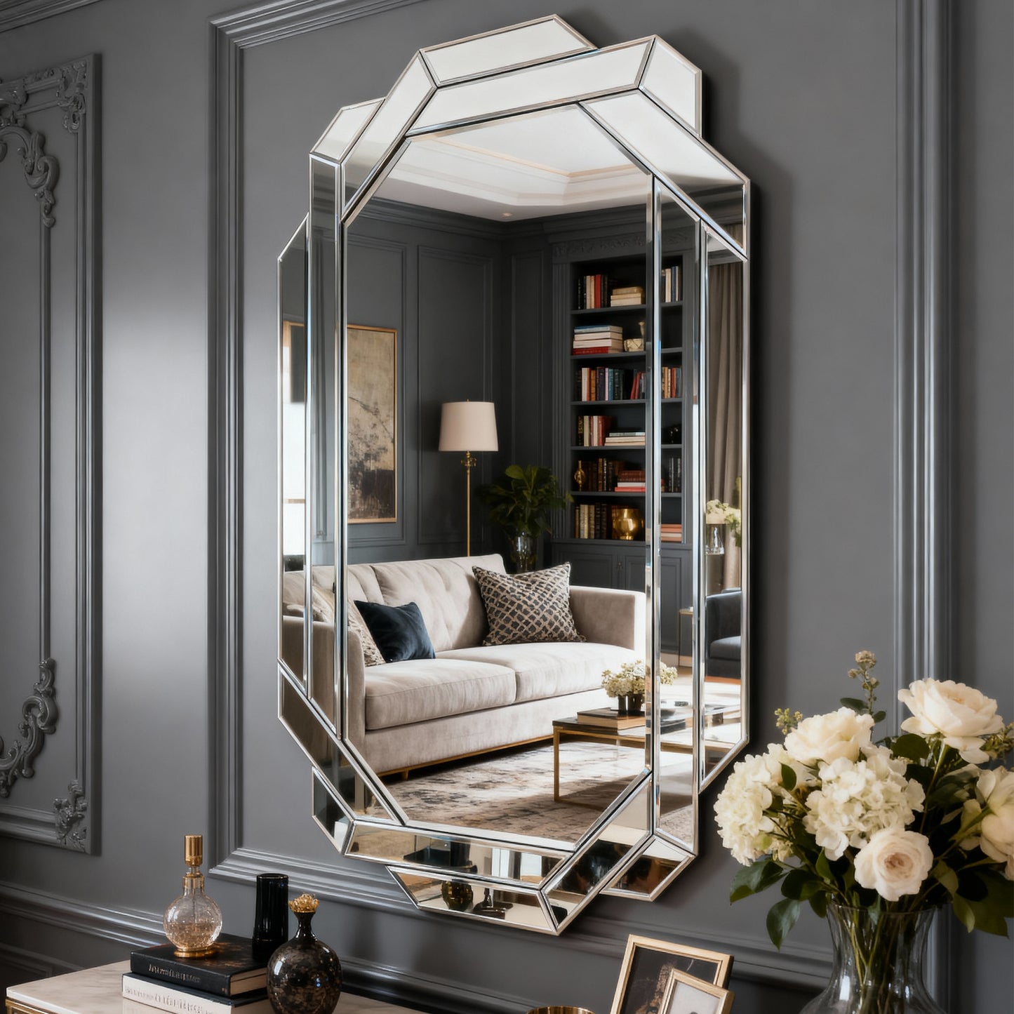 Expansive Frameless Wall Mirror with Beveled Edge