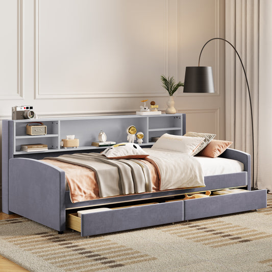 Ellian Twin size Velvet Daybed with Storage and Drawers, Gray