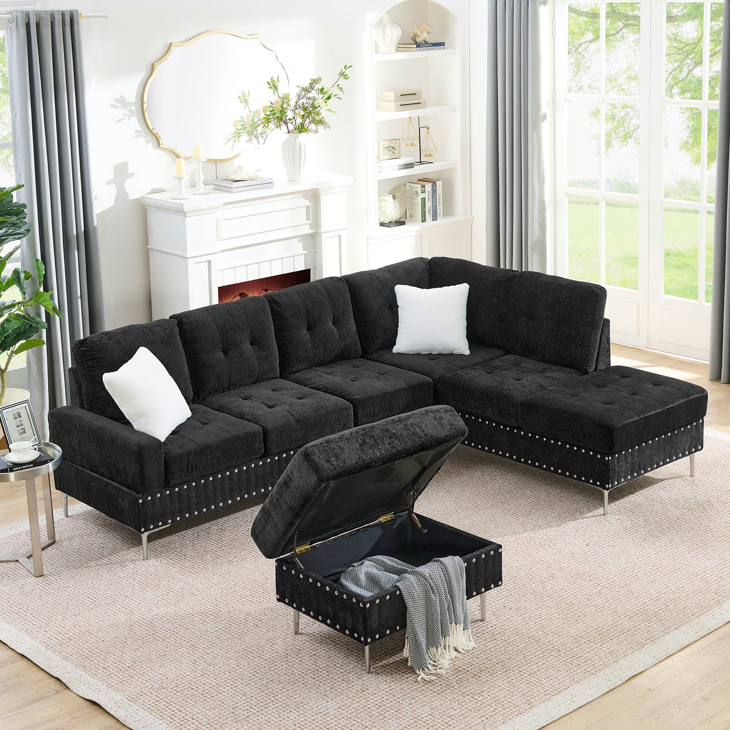 Modern L-Shaped Sectional Sofa with Chaise and Storage Ottoman in Black Chenille, Metal Legs and Copper Nails, Includes Two White Pillows, 102' - detail view 4