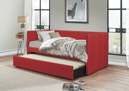 Maverick Red Fabric Upholstered Day Bed with Pull-out Trundle Nailhead Trim Wood Frame Furniture