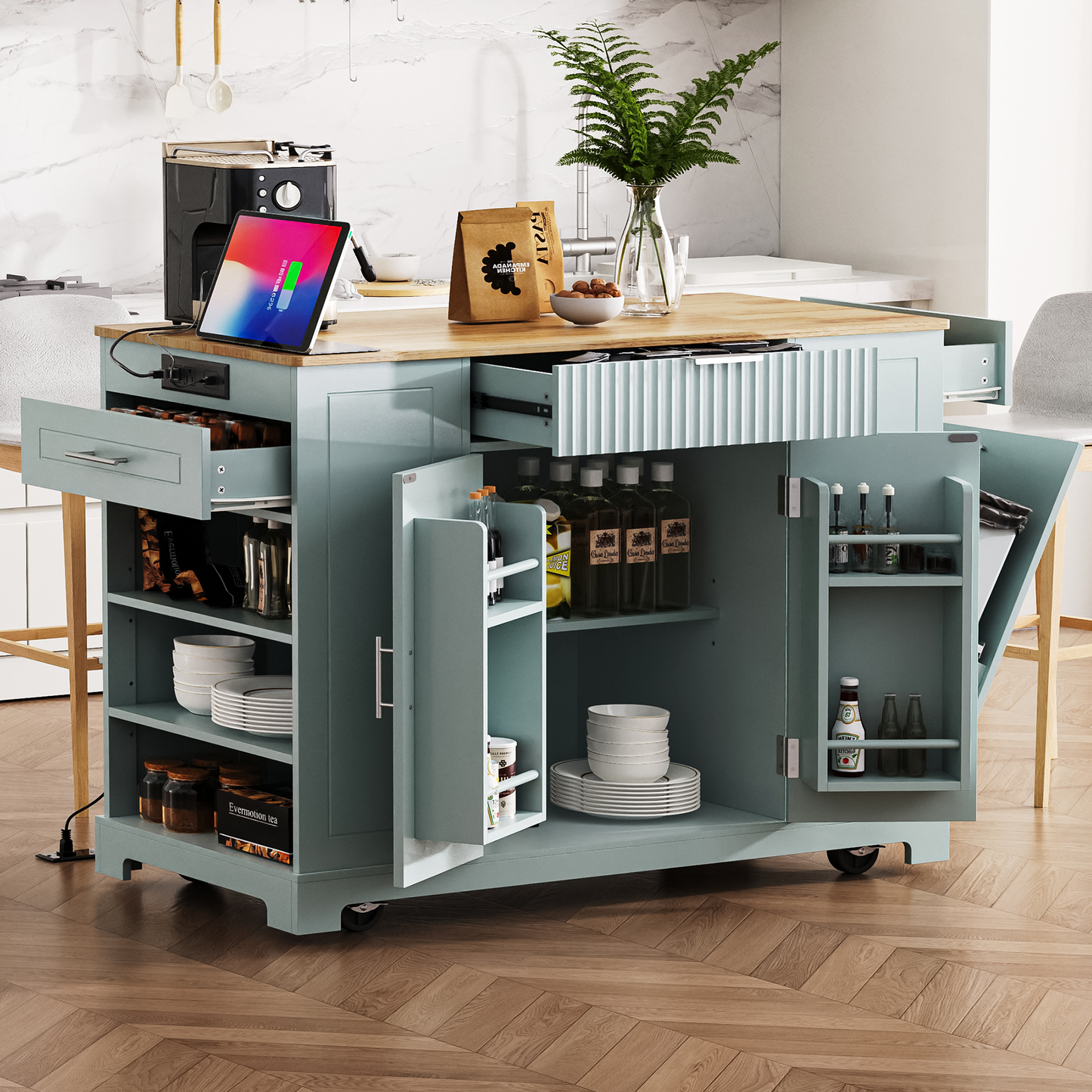 K&k Fluted Kitchen Island with Trash Can Storage Cabinet - Grey & Blue - primary color shot