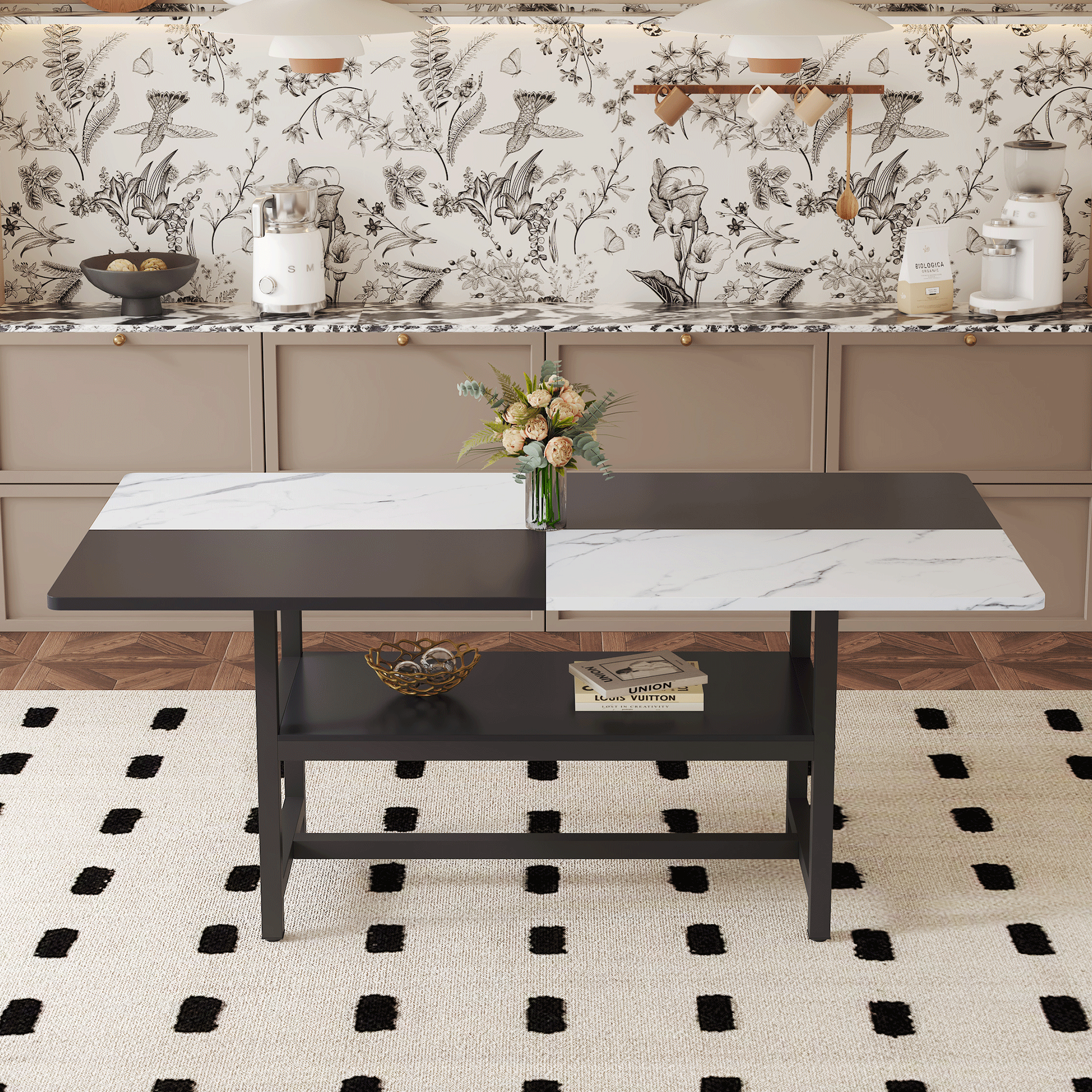 71" Long Two-Color Splicing Fashionable Dining Table - White & Black - detail view 3