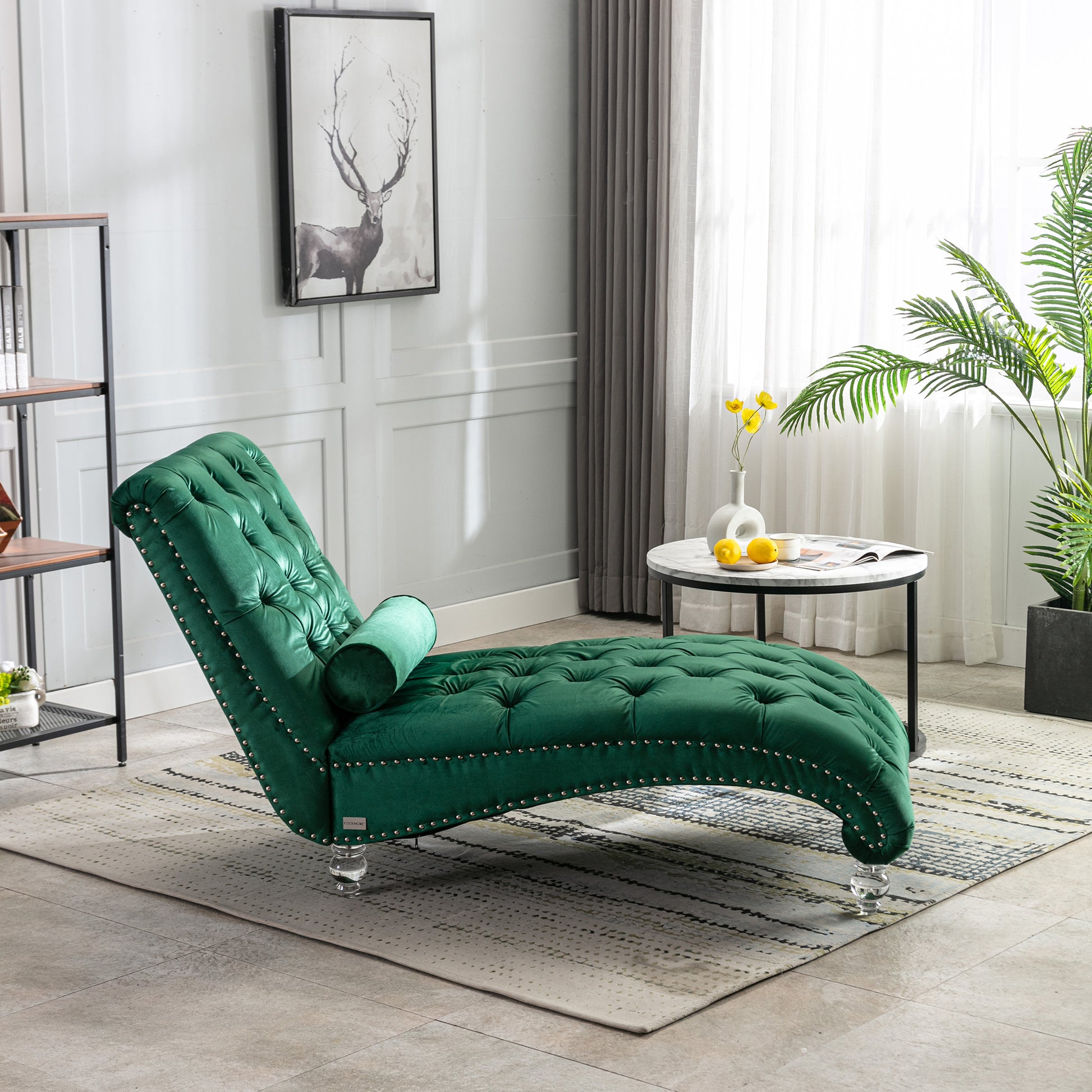 Emerald Velvet Tufted Chaise Lounge with Wood Legs - detail view 8