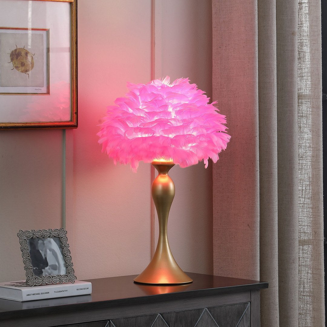18.25'In Hot Pink Feather Aquina Satin Gold Metal Contour Glam Table Lamp