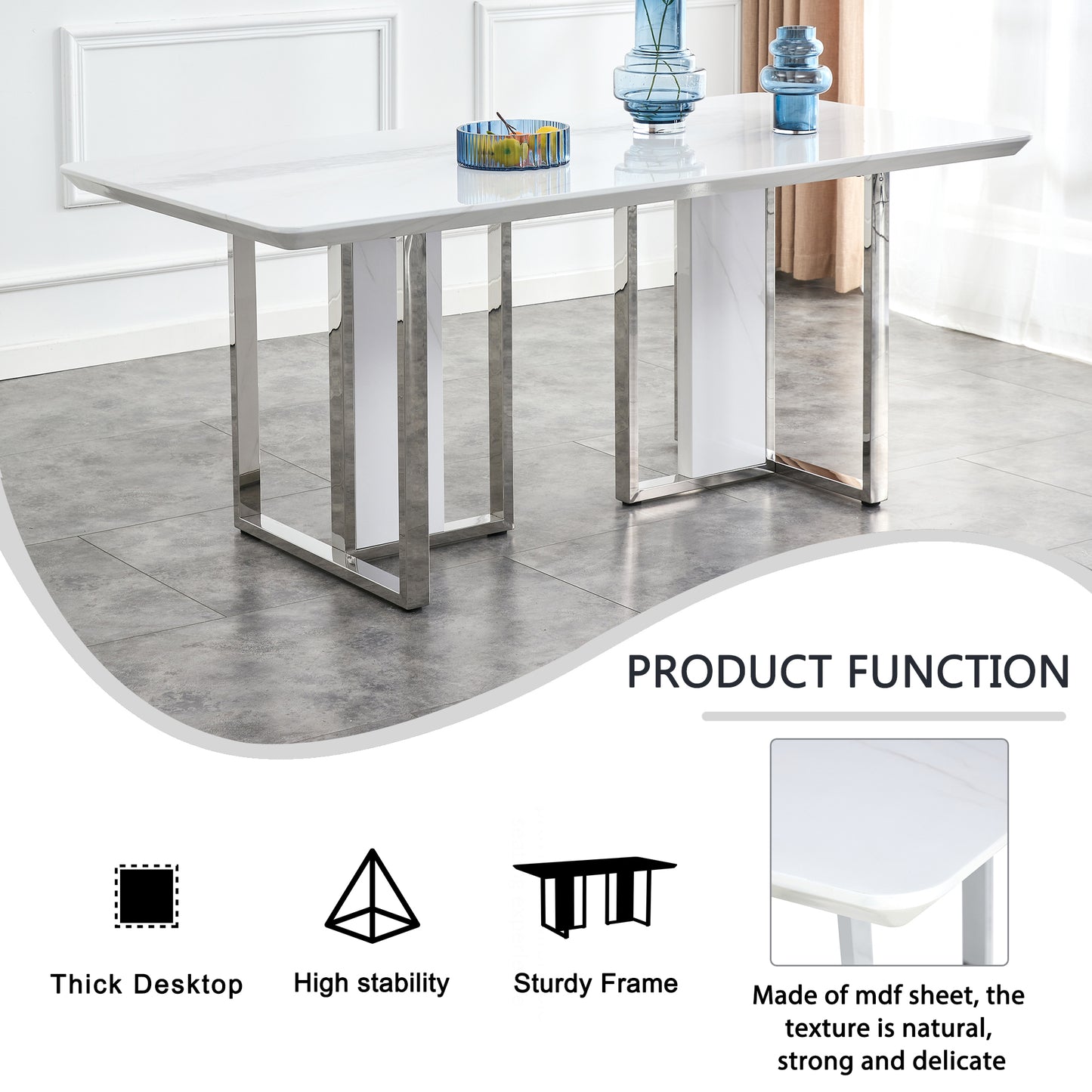 A Modern Minimalist & Luxurious White Rectangular with a Patterned Dining Table. MDF Table & Stainless Steel Frame. Computer Desk. Game Table. - detail view 7