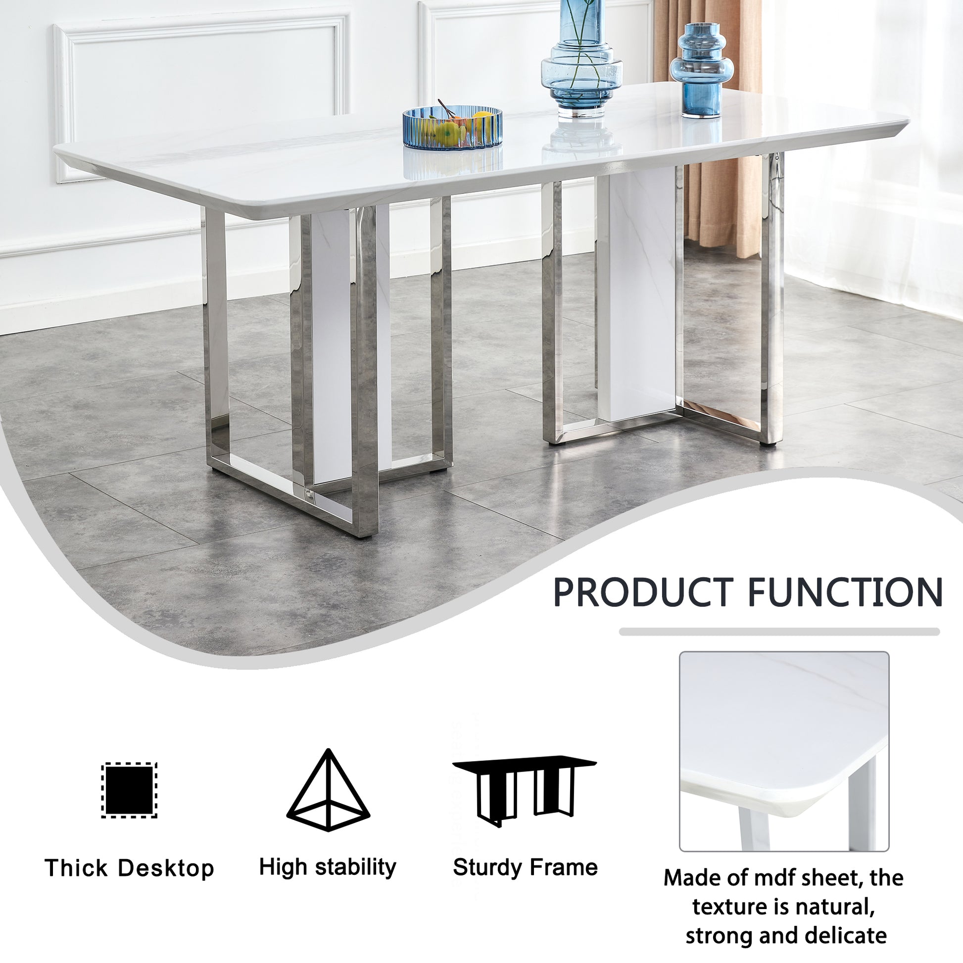 A Modern Minimalist & Luxurious White Rectangular with a Patterned Dining Table. MDF Table & Stainless Steel Frame. Computer Desk. Game Table. - detail view 7