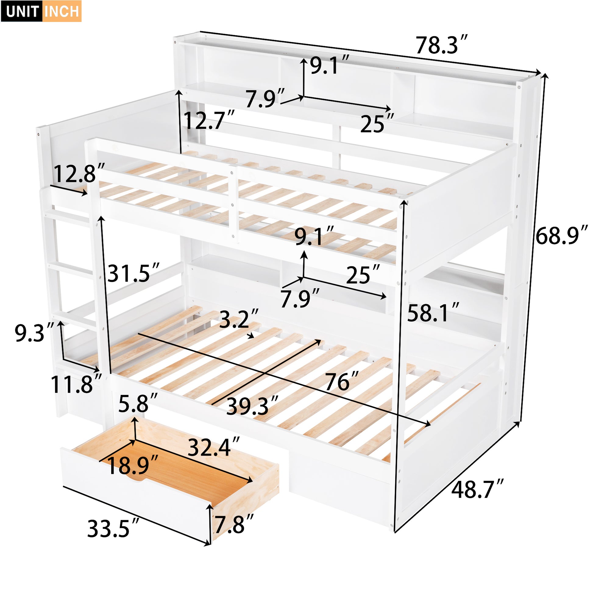 Harris Twin Size Bunk Bed with Built-in Shelves, White
