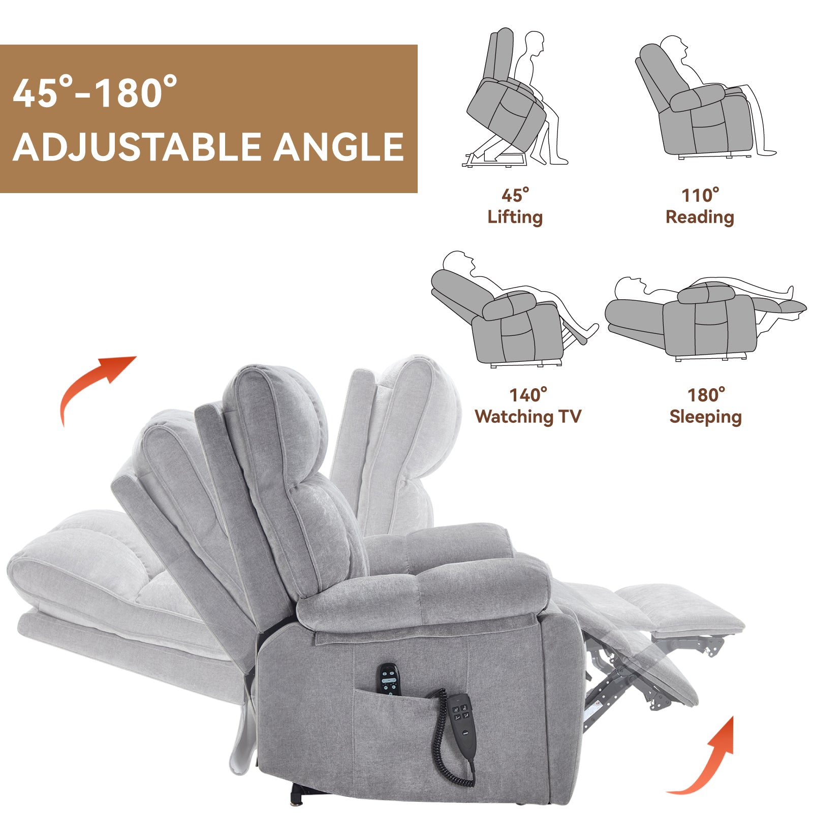 Grey Heat Massage Dual Motor Infinite Position Up to 350 LBS Large Electric Power Lift Recliners with Hidden Cup Holders - Gray - detail view 5