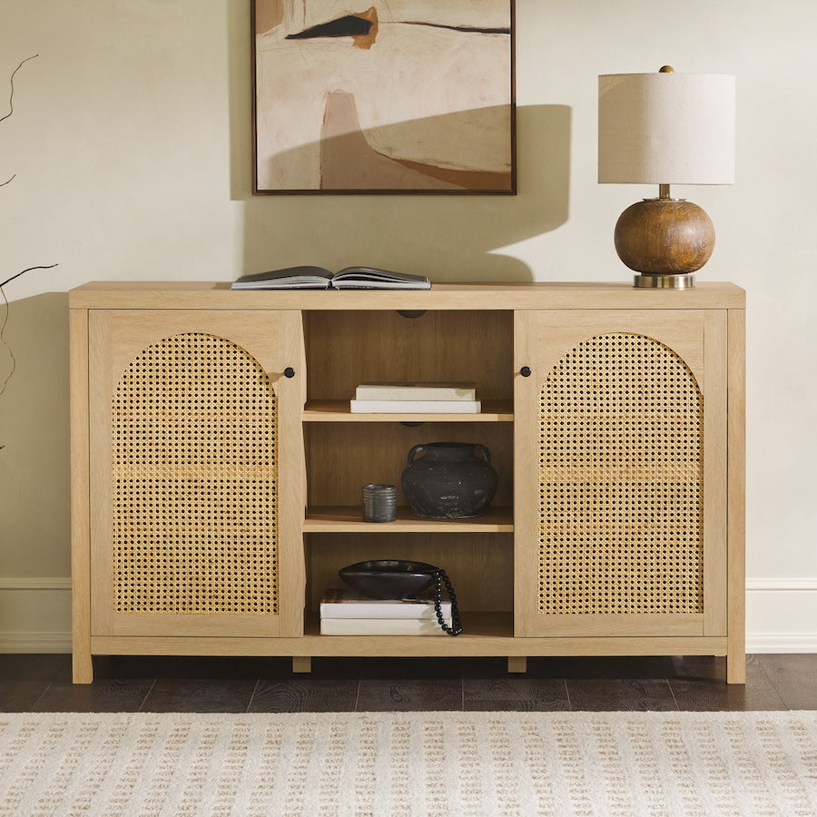 Elevateo Transitional 58" 2-Door Sideboard with Arched Rattan Panels, Light Brown