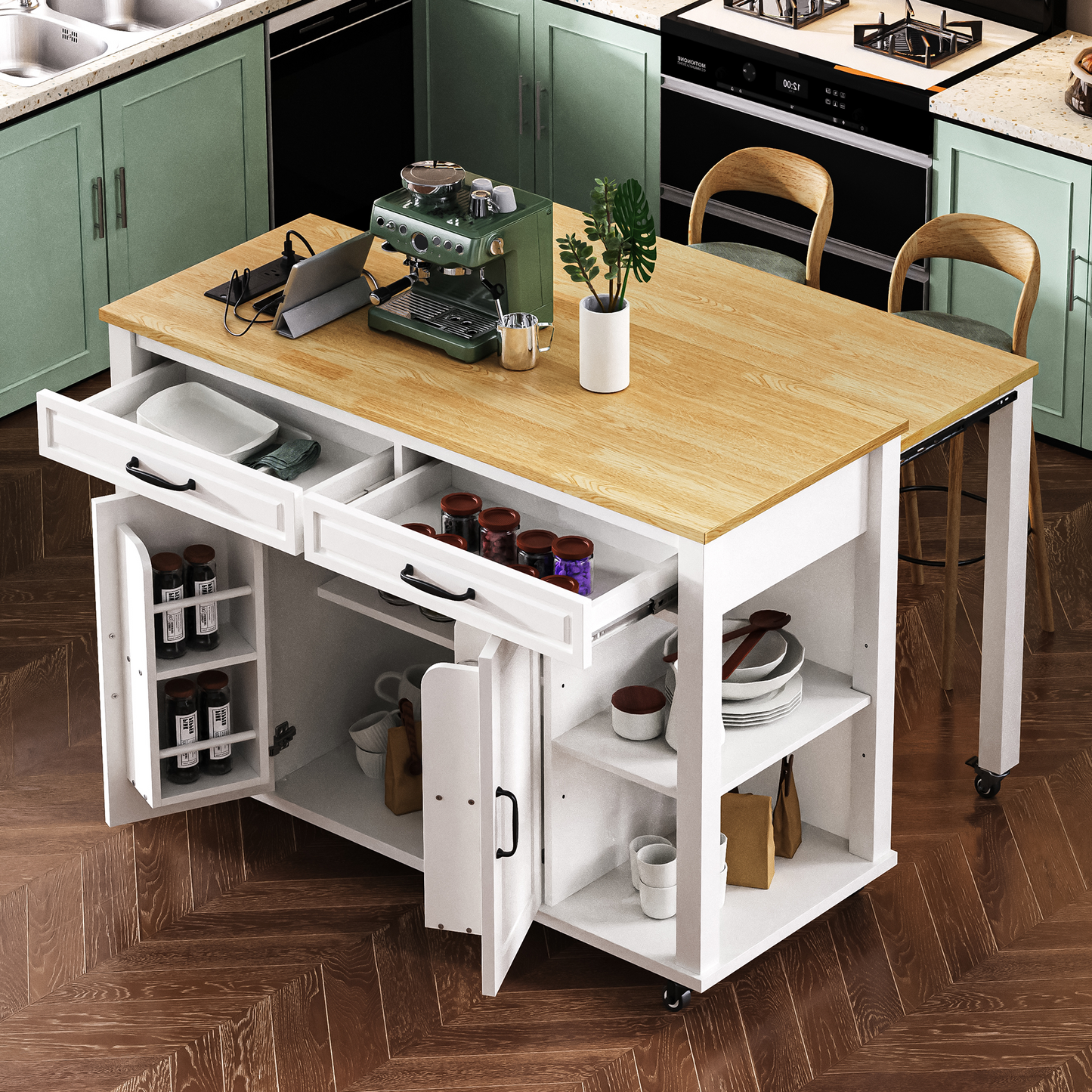 K&k 47" Kitchen Island with Extendable Dining Table - White - primary color shot