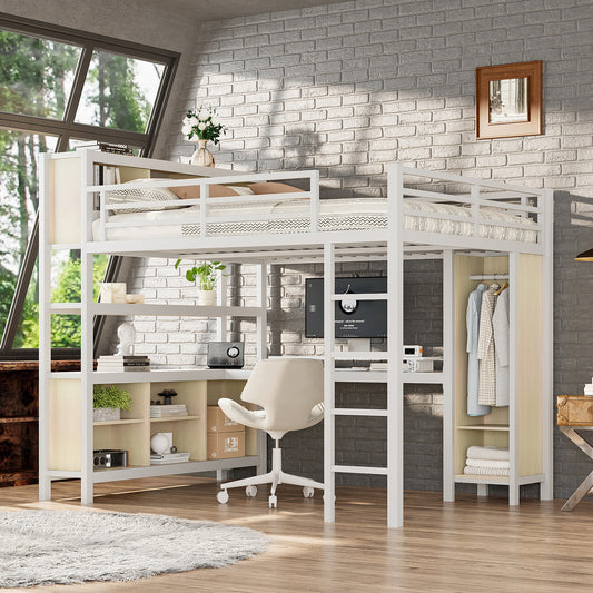 Metal Loft Bed with Wardrobe and L-Shaped Desk - White Straight Grain - primary color shot