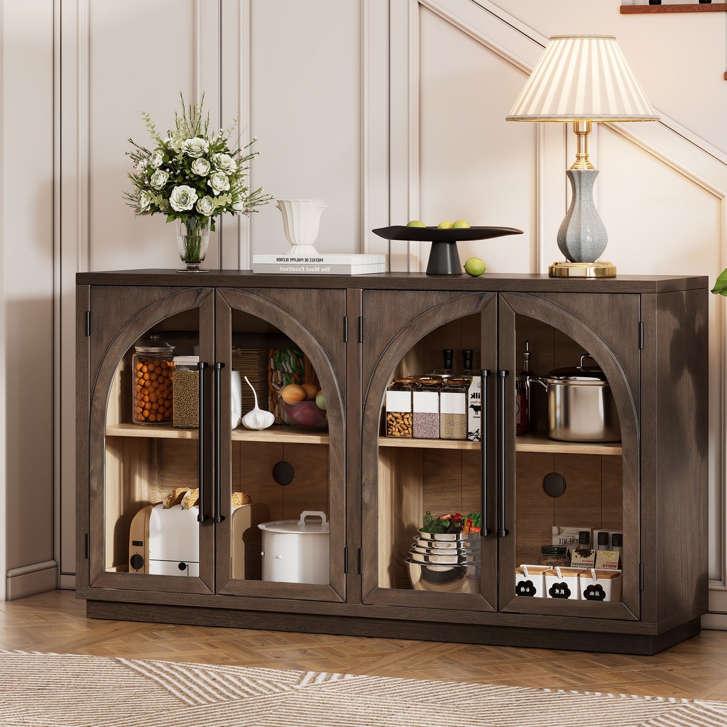 TREXM 4-Door Large Storage Sideboard Buffet Cabinet with Glass Doors - Espresso - primary color shot