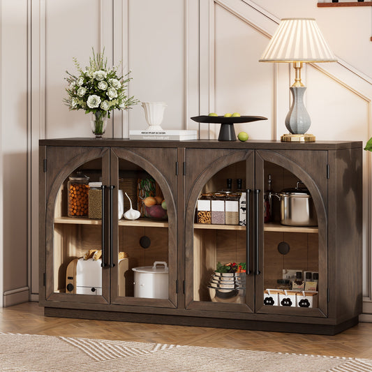 TREXM 4-Door Large Storage Sideboard Buffet Cabinet with Glass Doors - Espresso - primary color shot