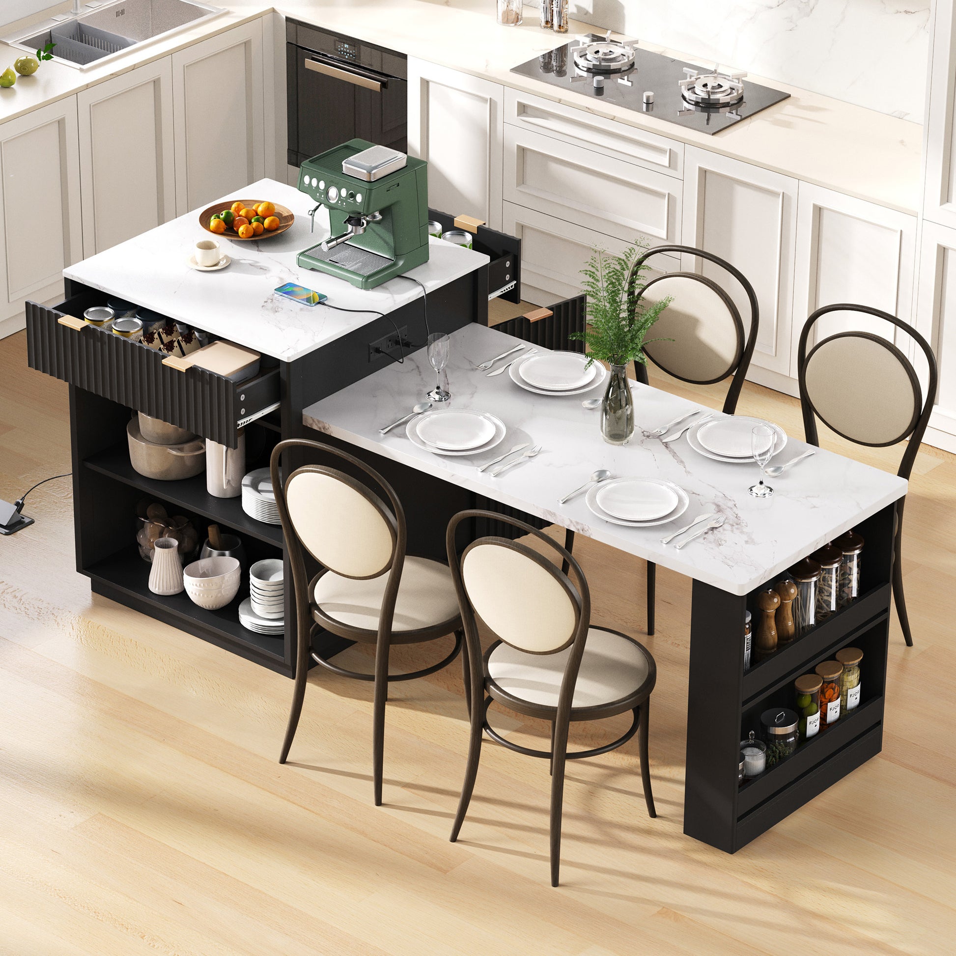 K&k 82.6' Fluted Kitchen Island with Extendable Dining Table for 4-6 - Black - detail view 2