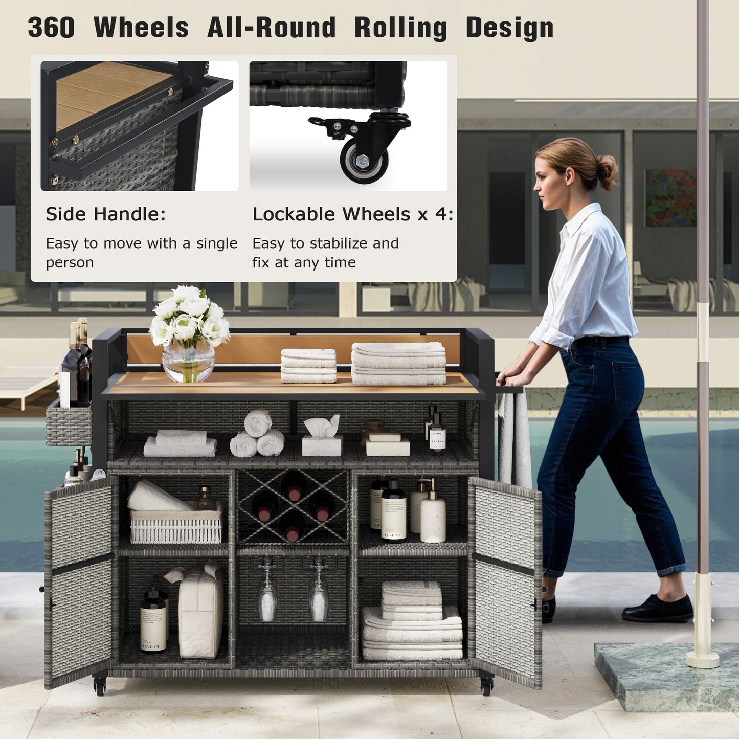 K&k 52.8'w Wicker Outdoor Grill Cart with Extended Plastic Wood Table Top - Grey - detail view 6