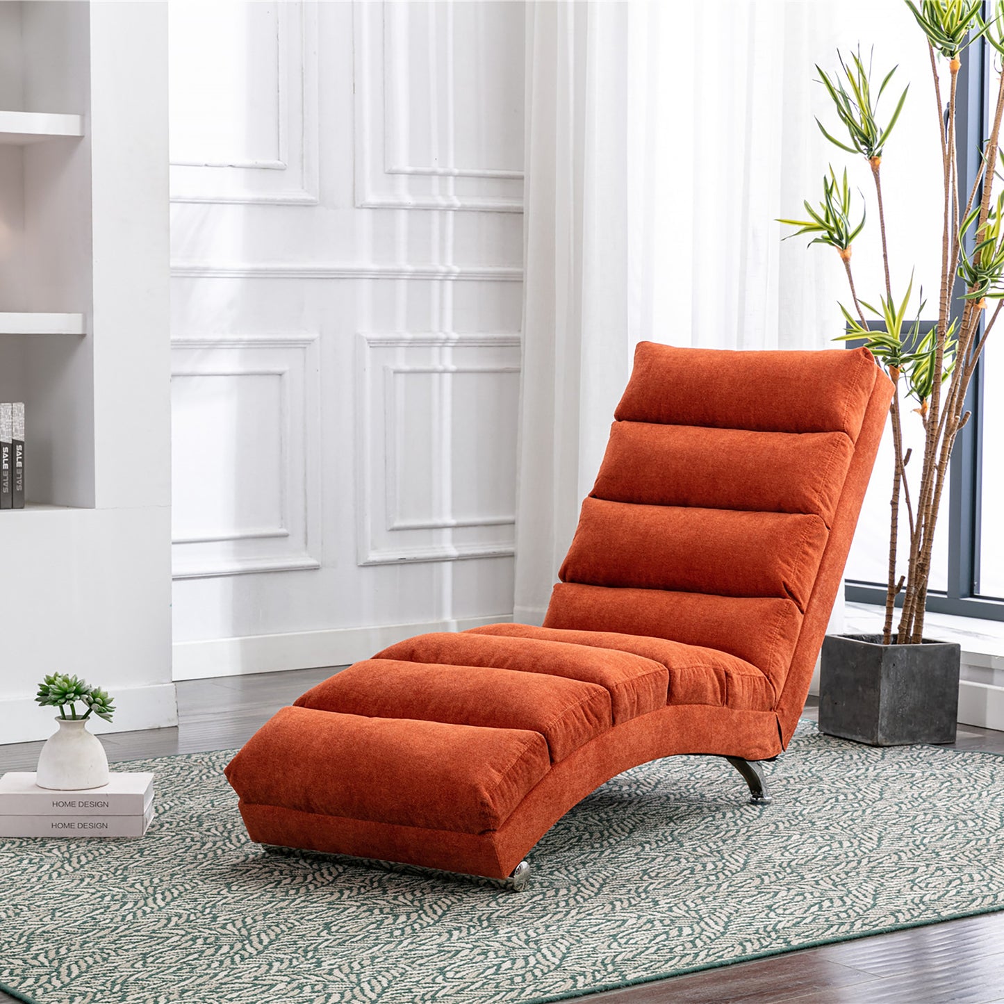 Orange Linen Chaise Lounge with Silver Legs - detail view 2