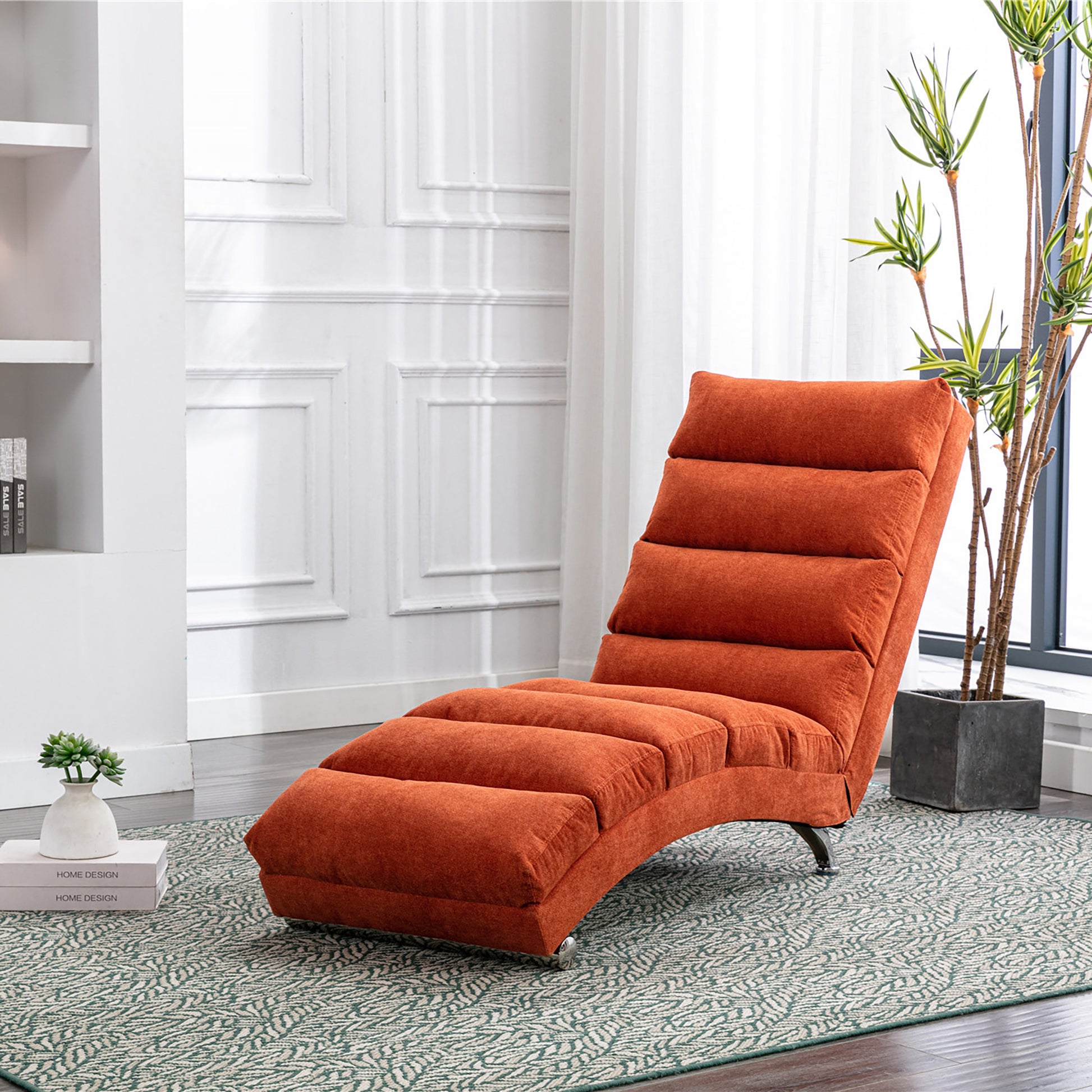 Orange Linen Chaise Lounge with Silver Legs - detail view 2