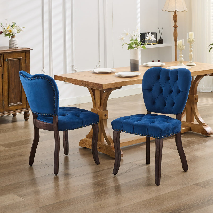Blue Velvet Tufted Dining Chairs with Wood Legs (Set of 2)