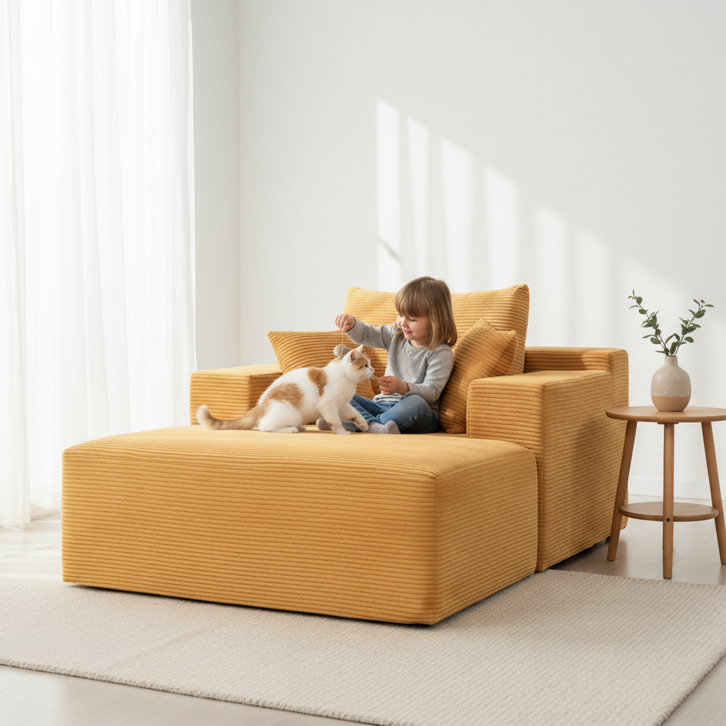 Convertible Chaise Lounge Chair Indoor – Oversized Corduroy Couch with Wide Armrest & Throw Pillows - Yellow - detail view 2