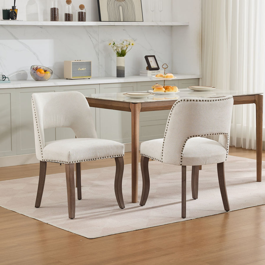 Beige Fabric Dining Chairs with Wood Legs (Set of 2)