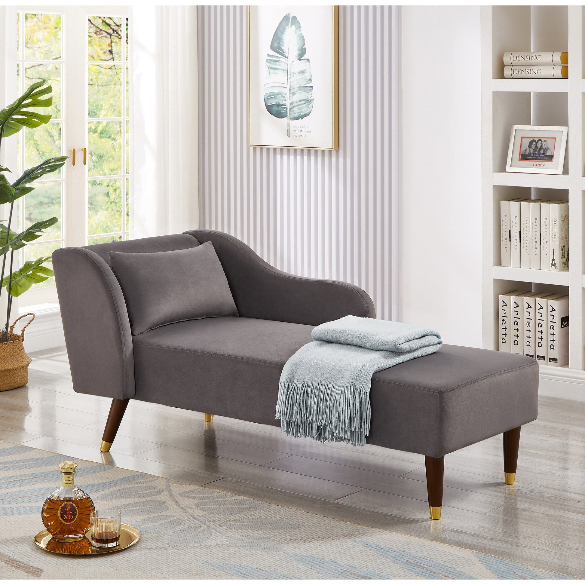 Modern Chaise Lounge Chair Velvet Upholstery (grey) - primary color shot