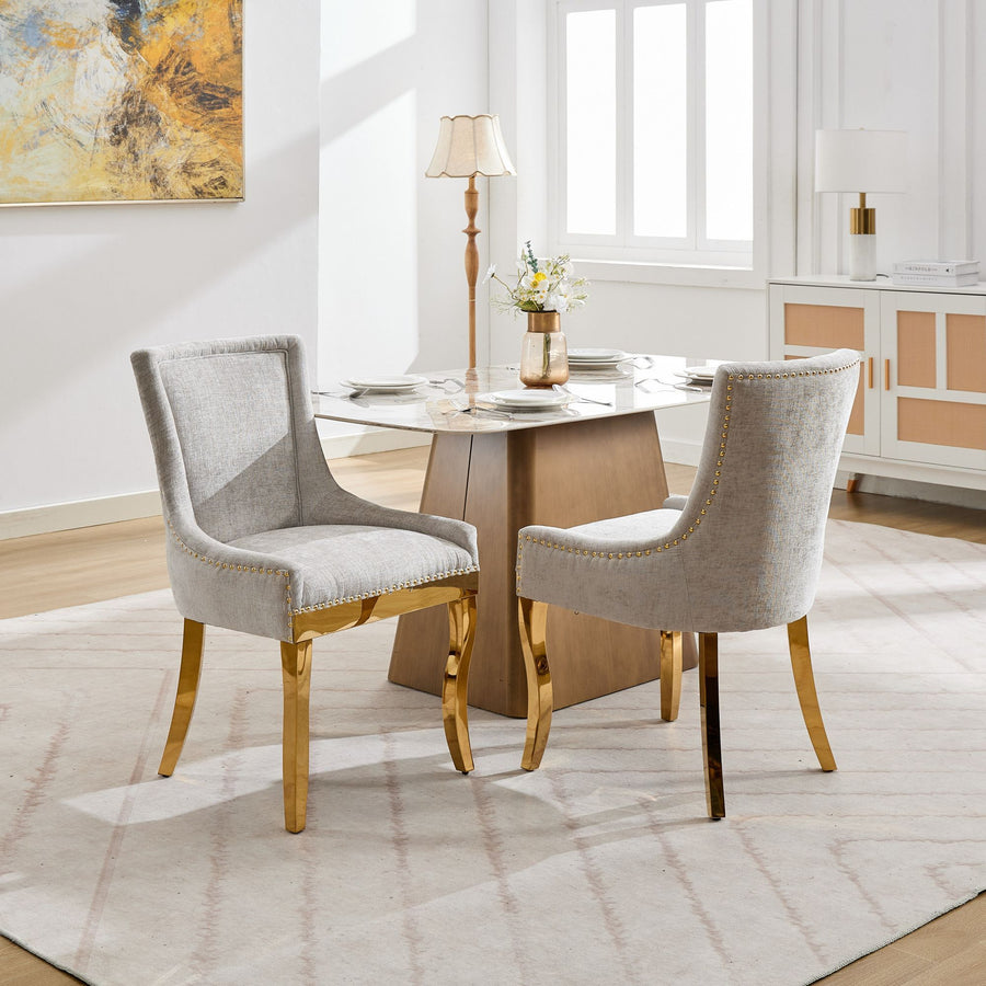 Beige Chenille Dining Chairs with Gold Legs (Set of 2)