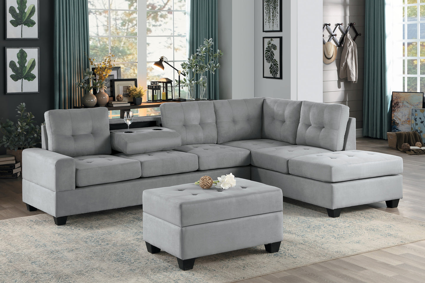 Modern Living Room 2-Piece Reversible Sectional with Drop-Down Cup Holders Sofa Chaise Gray Microfiber Upholstered Tufted Details - detail view 6