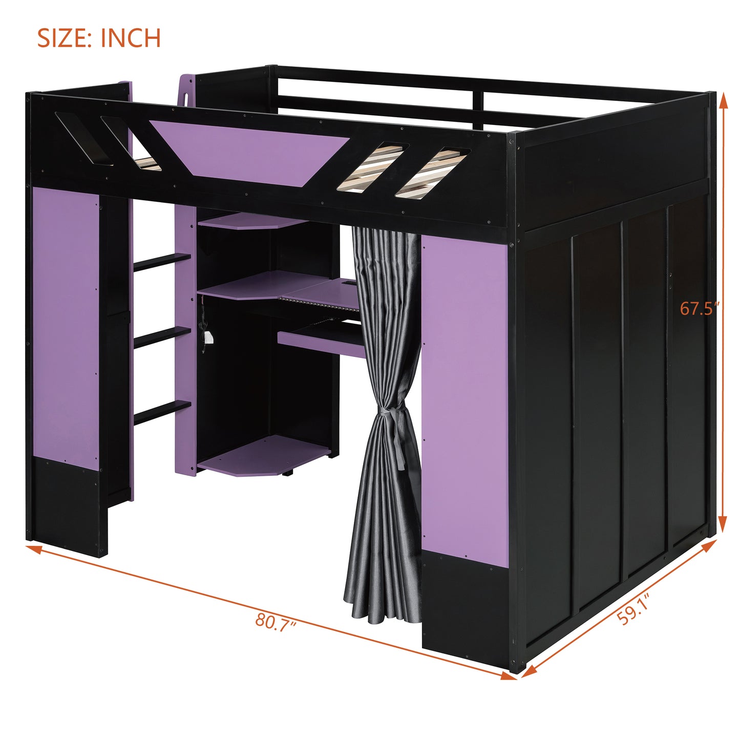 Full Size Wood Loft Bed with - Purple+black - detail view 7