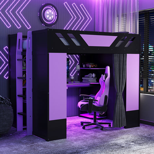 Full Size Wood Loft Bed with - Purple+black - primary color shot