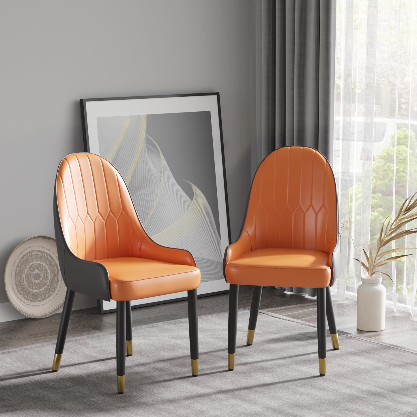 Saskia Modern PU Leather Side Chairs with Gold Tipped Legs Set of 2 Dark Brown & Orange