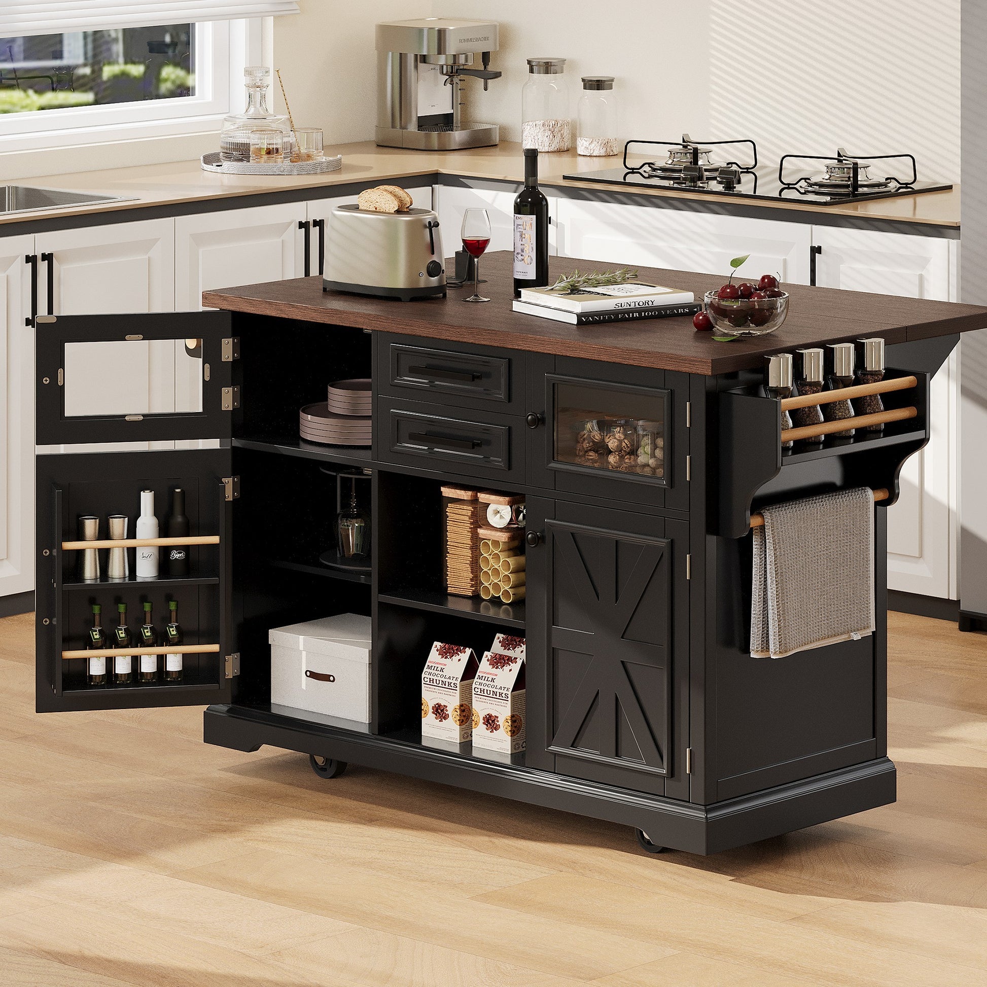 K&k 54.9' Kitchen Island with Drop Leaf - Black - primary color shot