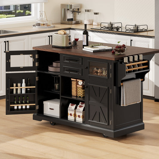 K&k 54.9' Kitchen Island with Drop Leaf - Black - primary color shot