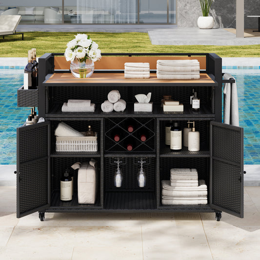 K&k 52.8'w Wicker Outdoor Grill Cart with Extended Plastic Wood Table Top - Black & Brown - primary color shot