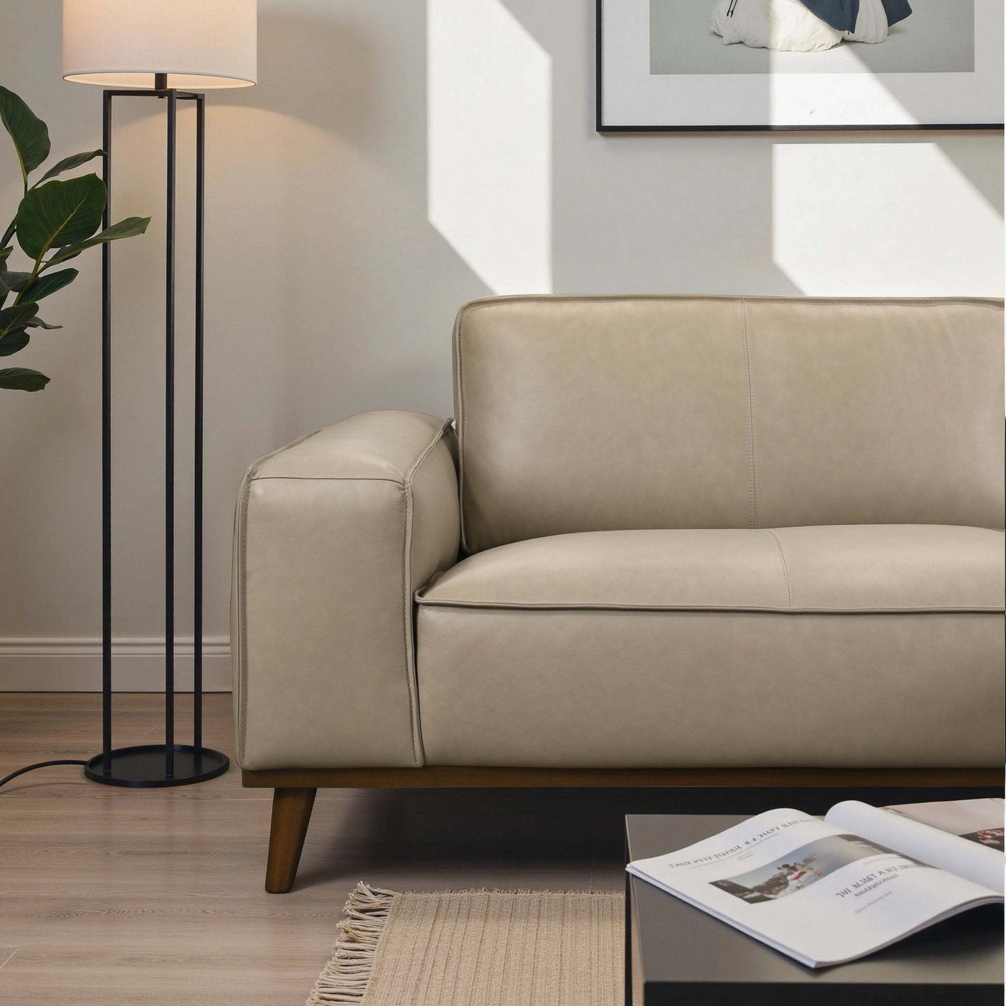 Kerrville Beige Leather Right Sectional Sofa with Chaise - Mid-Century Modern Style, Genuine Top Grain Leather, Walnut-Finished Wood Legs - detail view 5